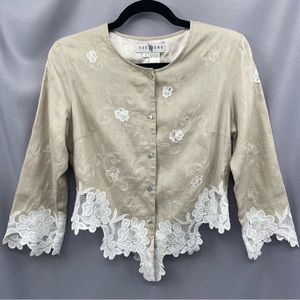 Vintage Sue Wong Linen Embroidered Lace Button Front Tailored Fit Top Size 6